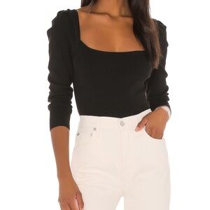 L'Academie Black Square Neck Puff Sleeve Knit Top